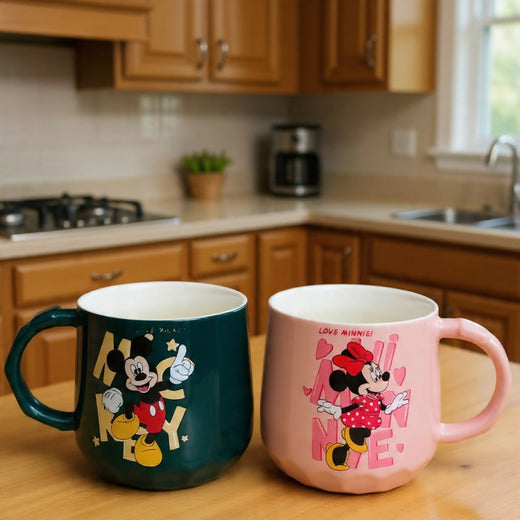 ALVENZA Ceramic Mug Set of 2 – Cute Couple Prints with Spoons for Daily Use