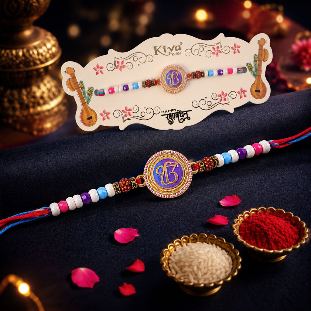 ALVENZA Ek Onkar Spiritual Rudraksha Rakhi for Brother with Beaded Thread Gift