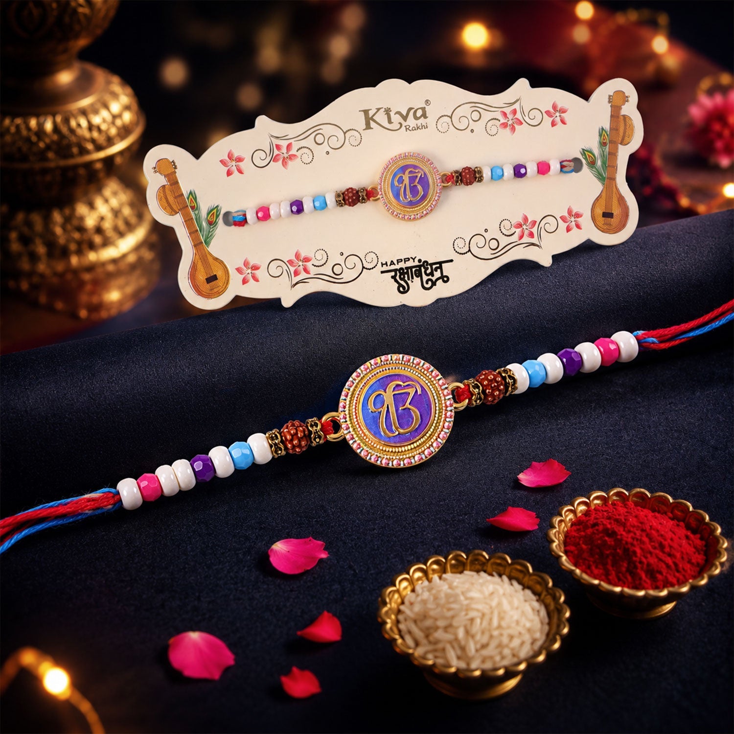 ALVENZA Ek Onkar Spiritual Rudraksha Rakhi for Brother with Beaded Thread Gift