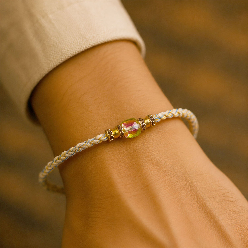 ALVENZA Aurora Crystal Macrame Bracelet Rakhi with Rainbow Stone Shine and Soft Thread