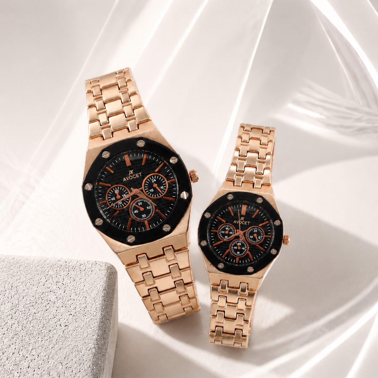 Rose Gold Couple Watch Set with Black Dial Chronograph Style Metal Strap