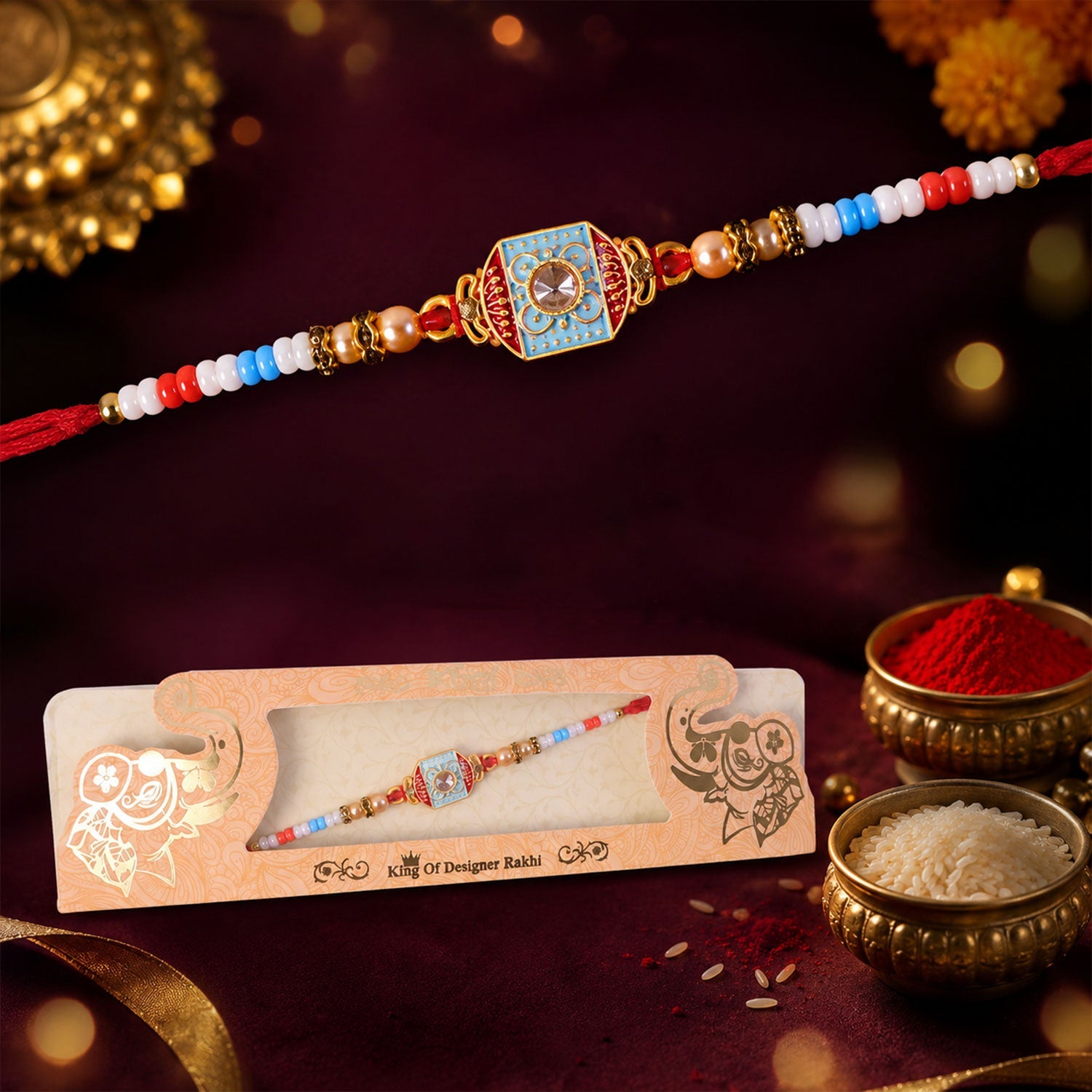 ALVENZA Sky Blue-Red Meenakari Designer Bhaiya Rakhi for Brother with Beads Gift