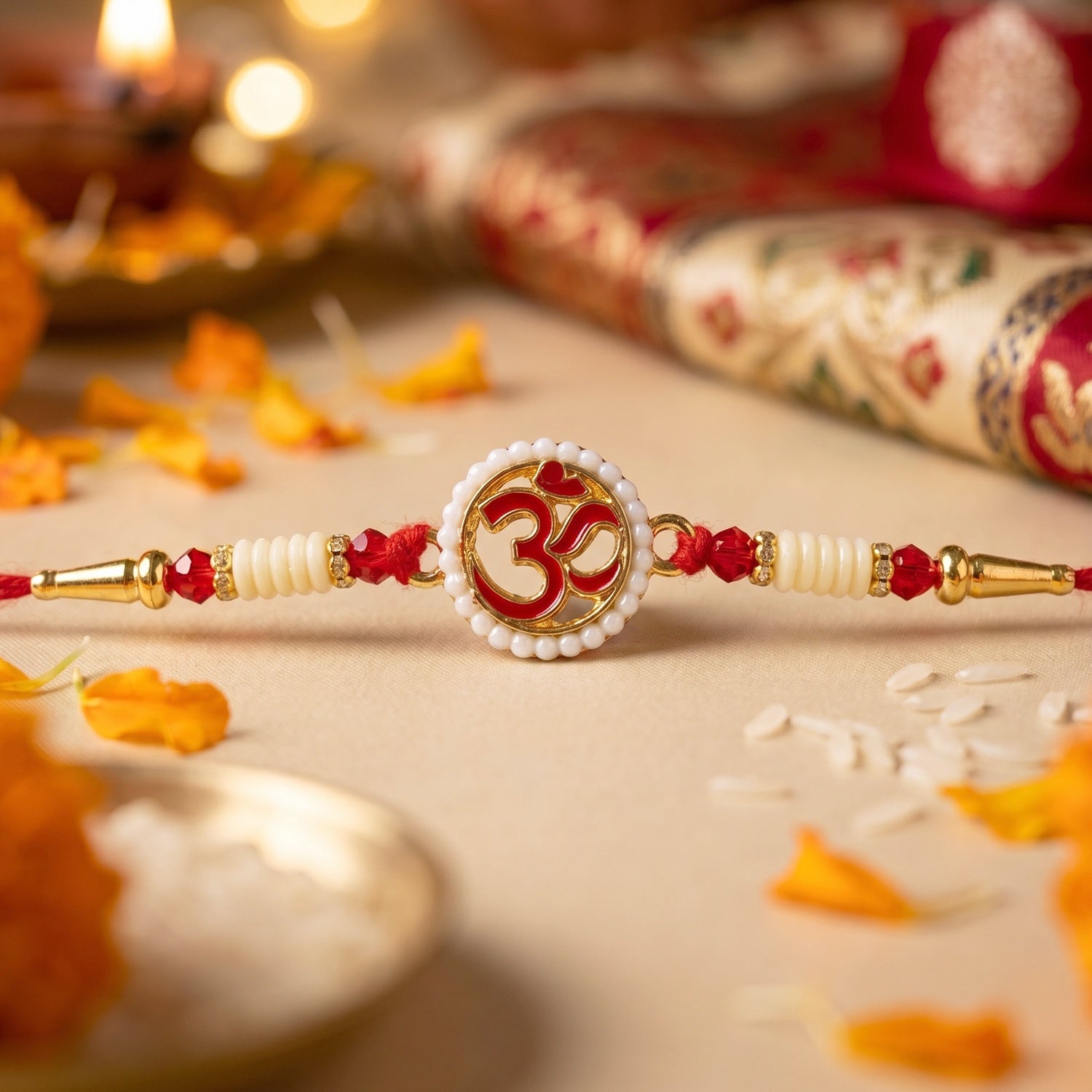 ALVENZA OM Symbol Pearl Frame Rakhi – Elegant Traditional Design for Raksha Bandhan