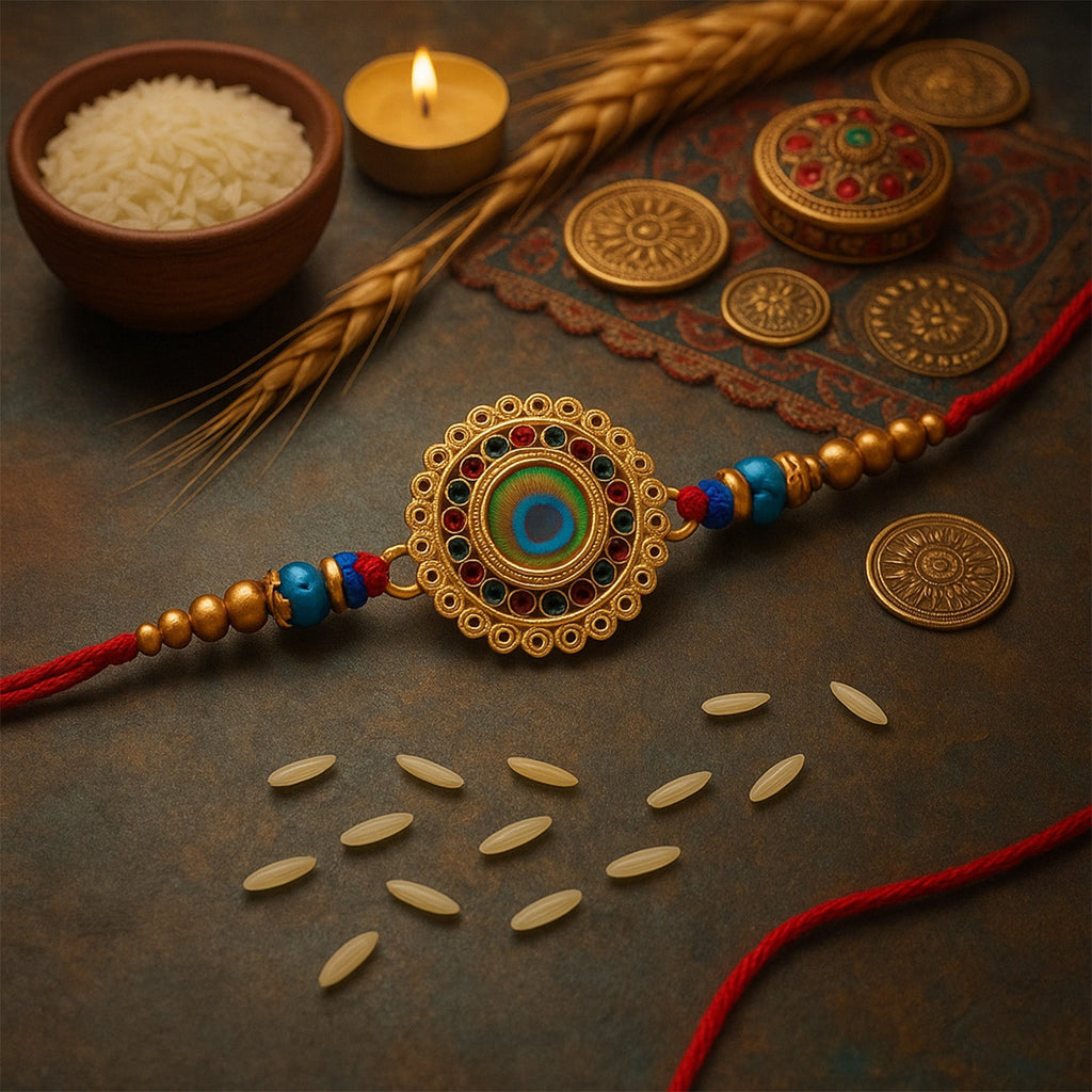ALVENZA Traditional Flower Design Golden Rakhi - Festive Elegance & Blessings