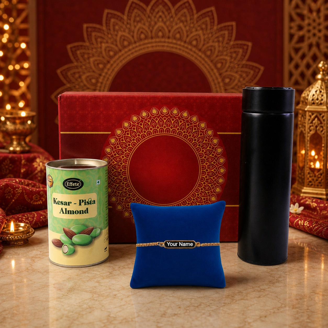 ALVENZA Rakhi - Elegant Customize Premium Gift with Chocolate & Bottle