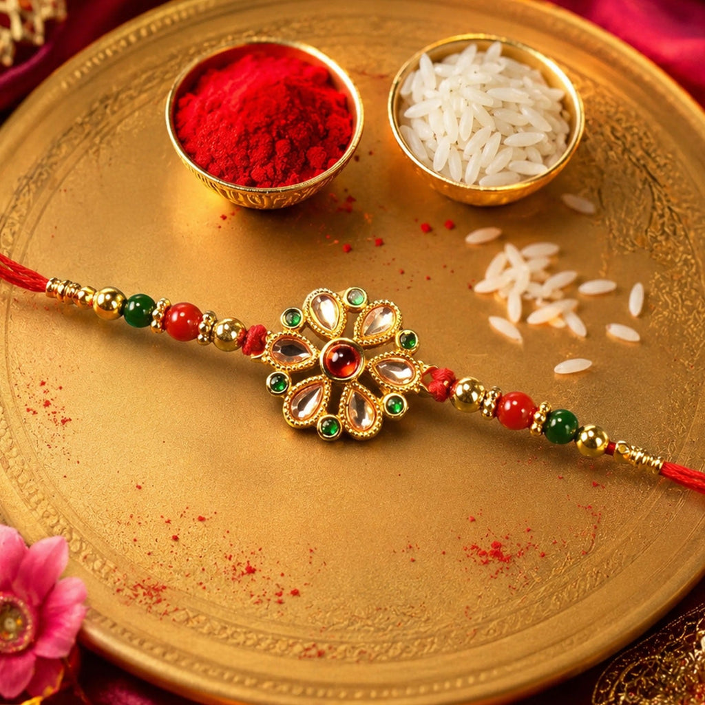 ALVENZA Kundan Rakhi - Elegant Floral Golden Design for Raksha Bandhan