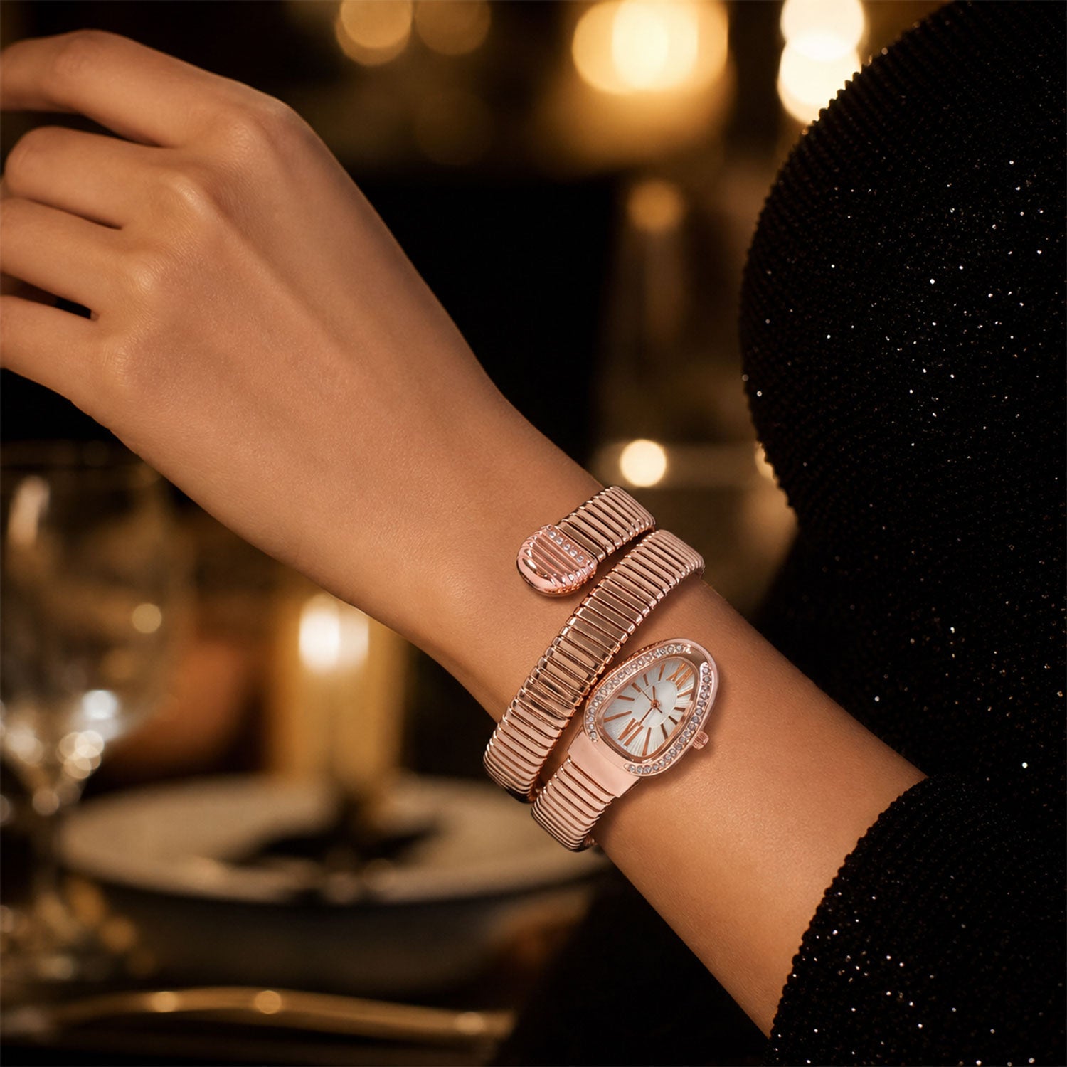Rose Gold Snake Chain Bracelet Watch with Oval Dial Crystal Border for Women