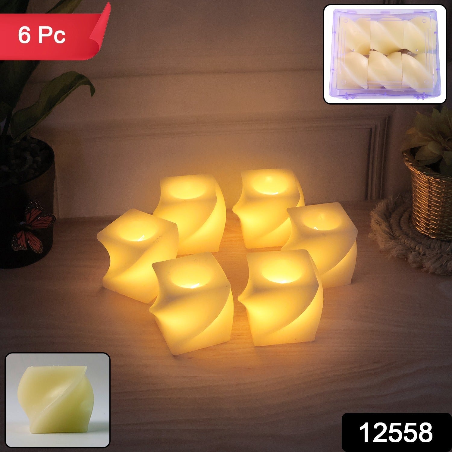 ALVENZA Square LED Flameless Candles – Set of 6 for Home Decor & Pooja