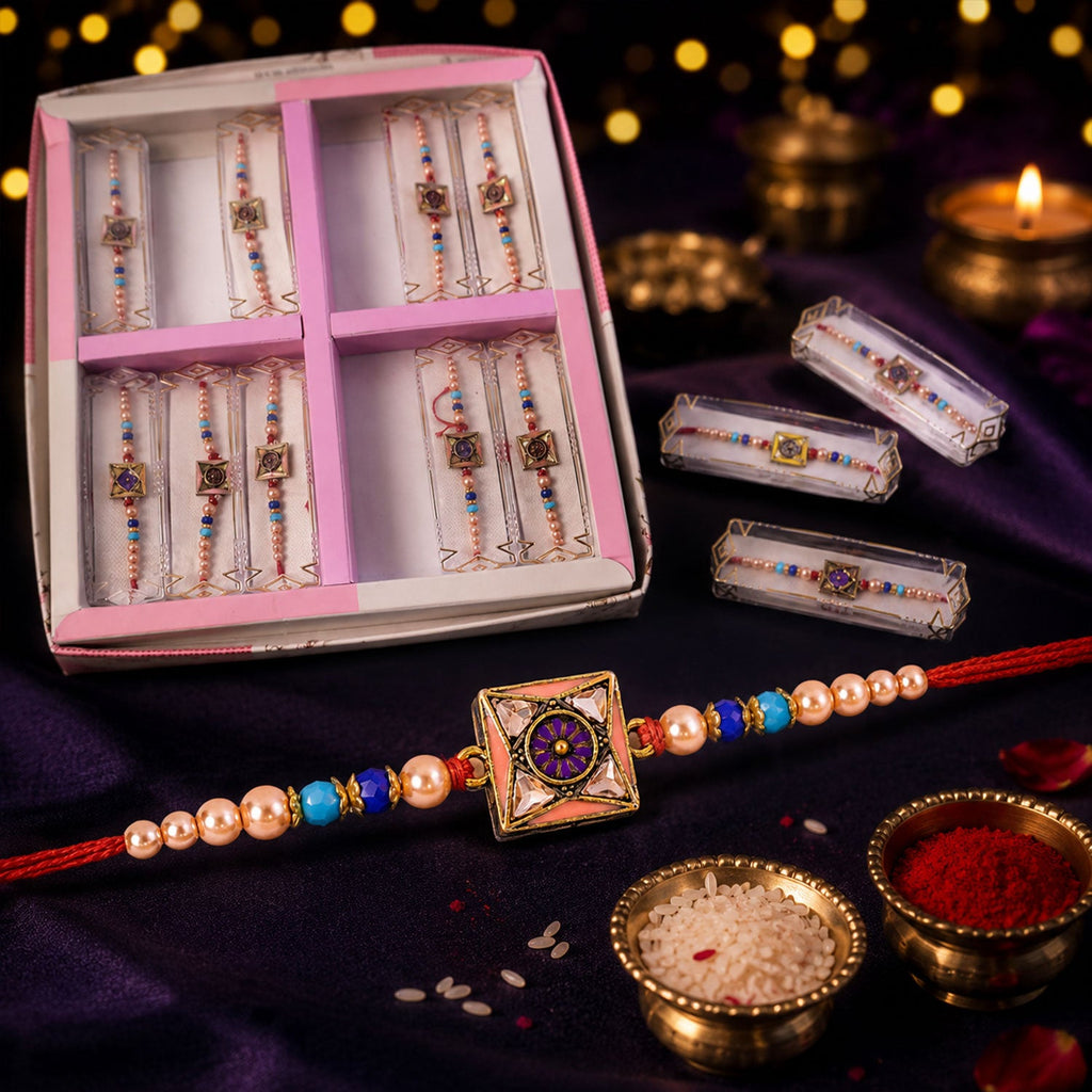 ALVENZA Royal Purple Meenakari Square Designer Rakhi for Brother with Pearls