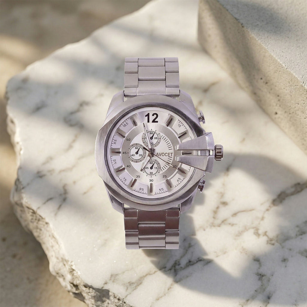 Men's Silver Analog Watch – Elegant Chronograph Design for Daily Wear