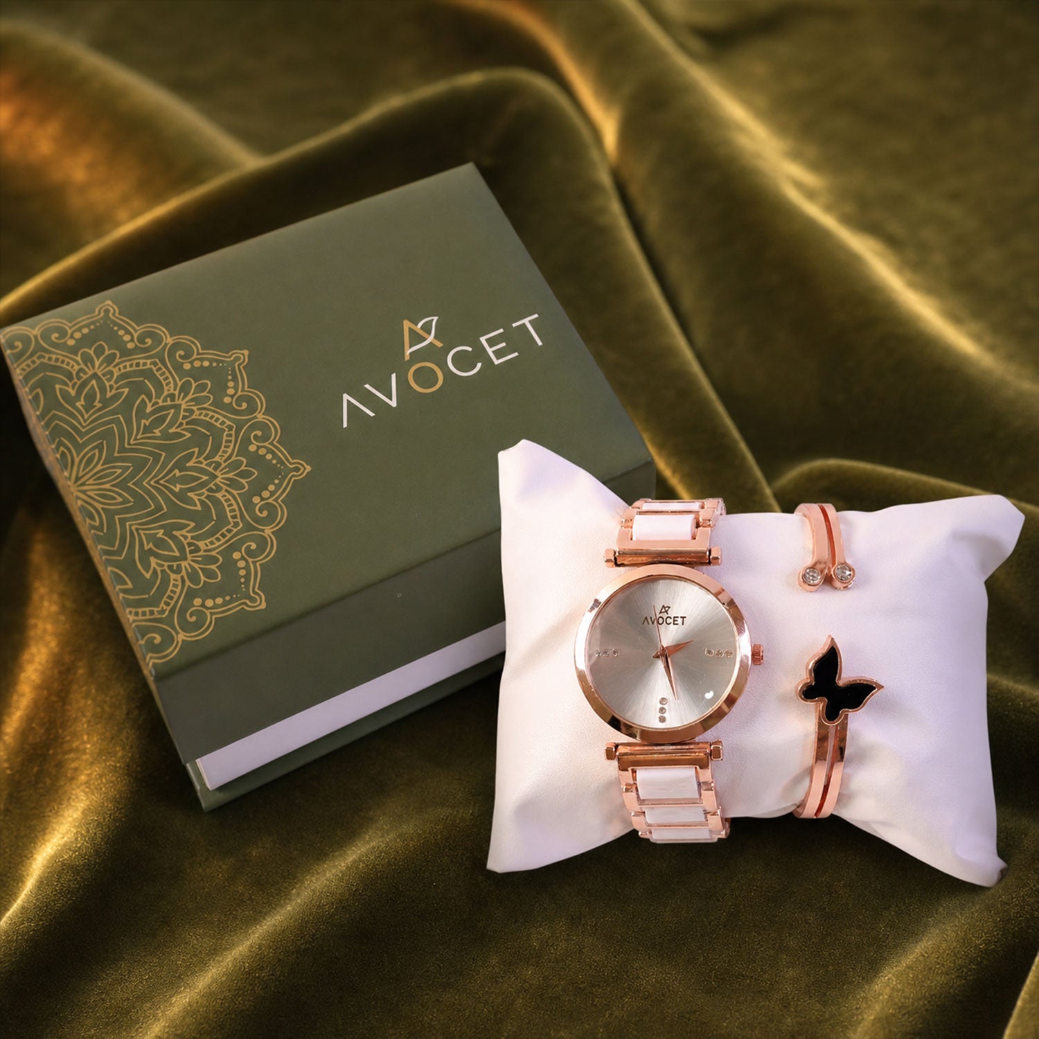 Rose Gold Round Dial Watch with Black Butterfly Charm Bracelet for Women
