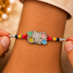 ALVENZA Silver Butterfly Leaf Rakhi with Pastel Stones, Roli Chawal Coin and Card Packing