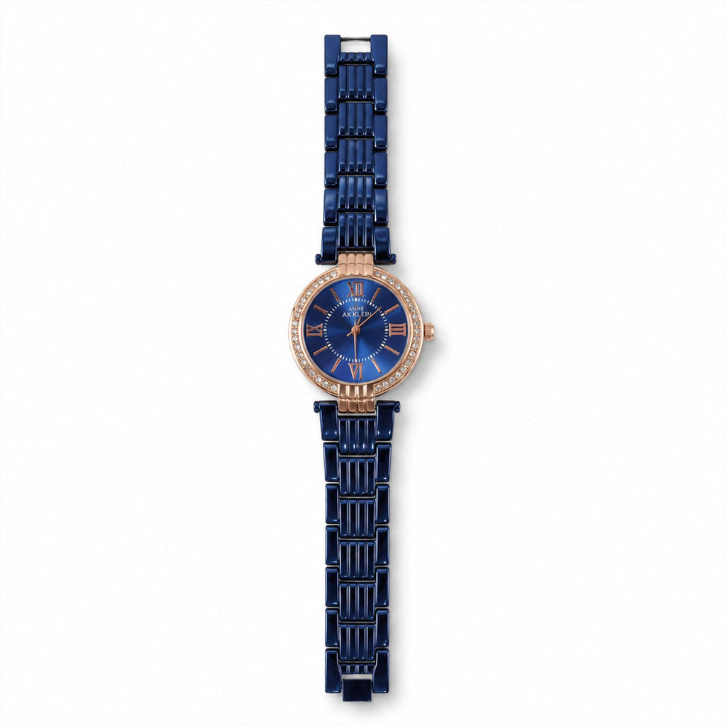 Women's Blue Analog Watch – Rose Gold Crystal Bezel Metal Strap