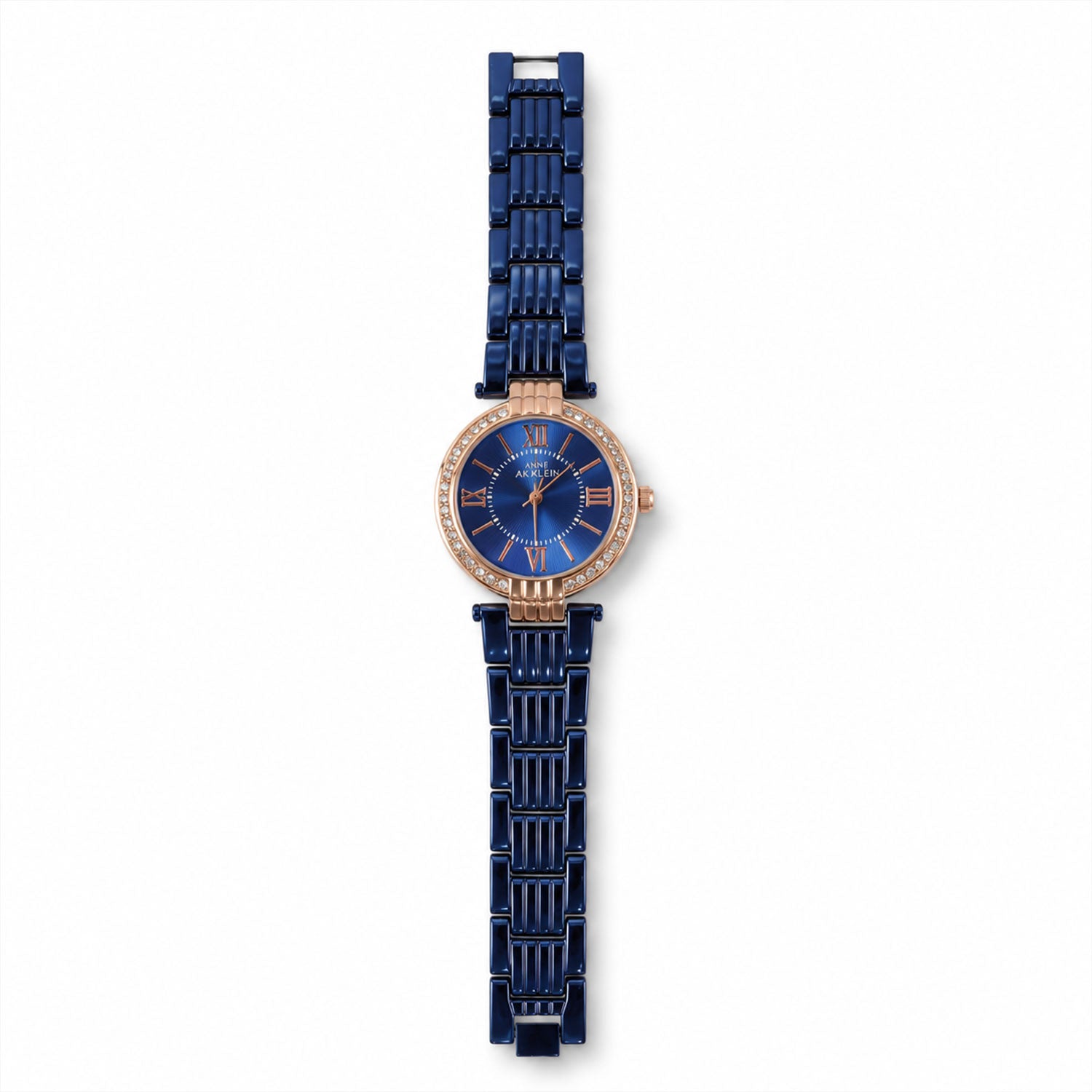 Women's Blue Analog Watch – Rose Gold Crystal Bezel Metal Strap
