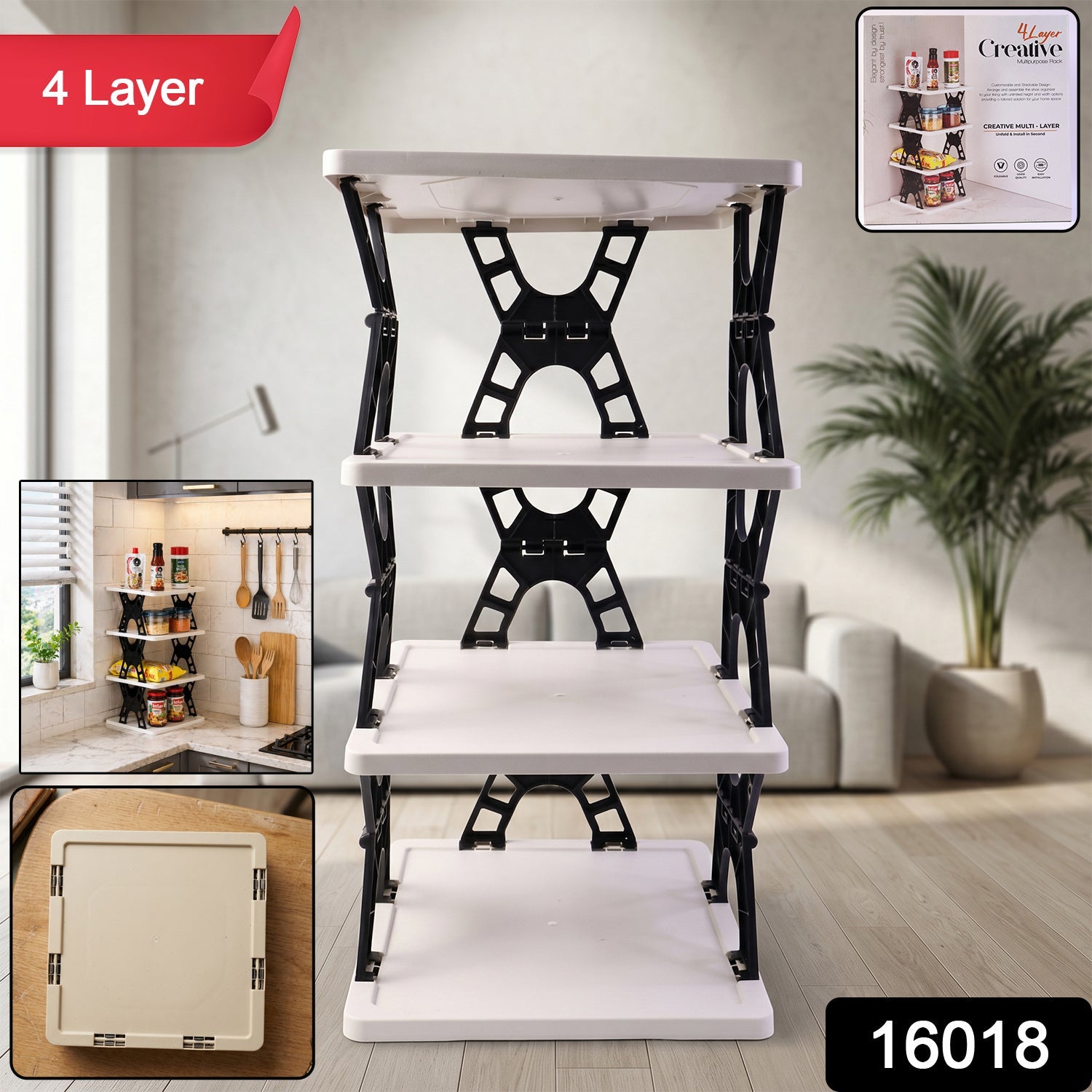 Multipurpose Foldable 4 Layer Storage Rack Space Saving Organizer - Front View