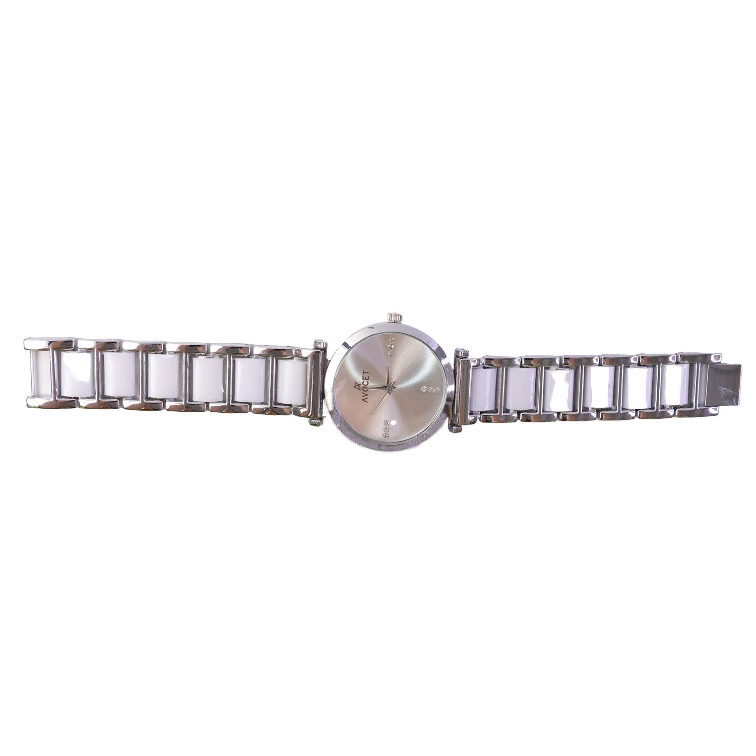 Silver Round Shape Dial Watch with White Metal Strap Design for Women