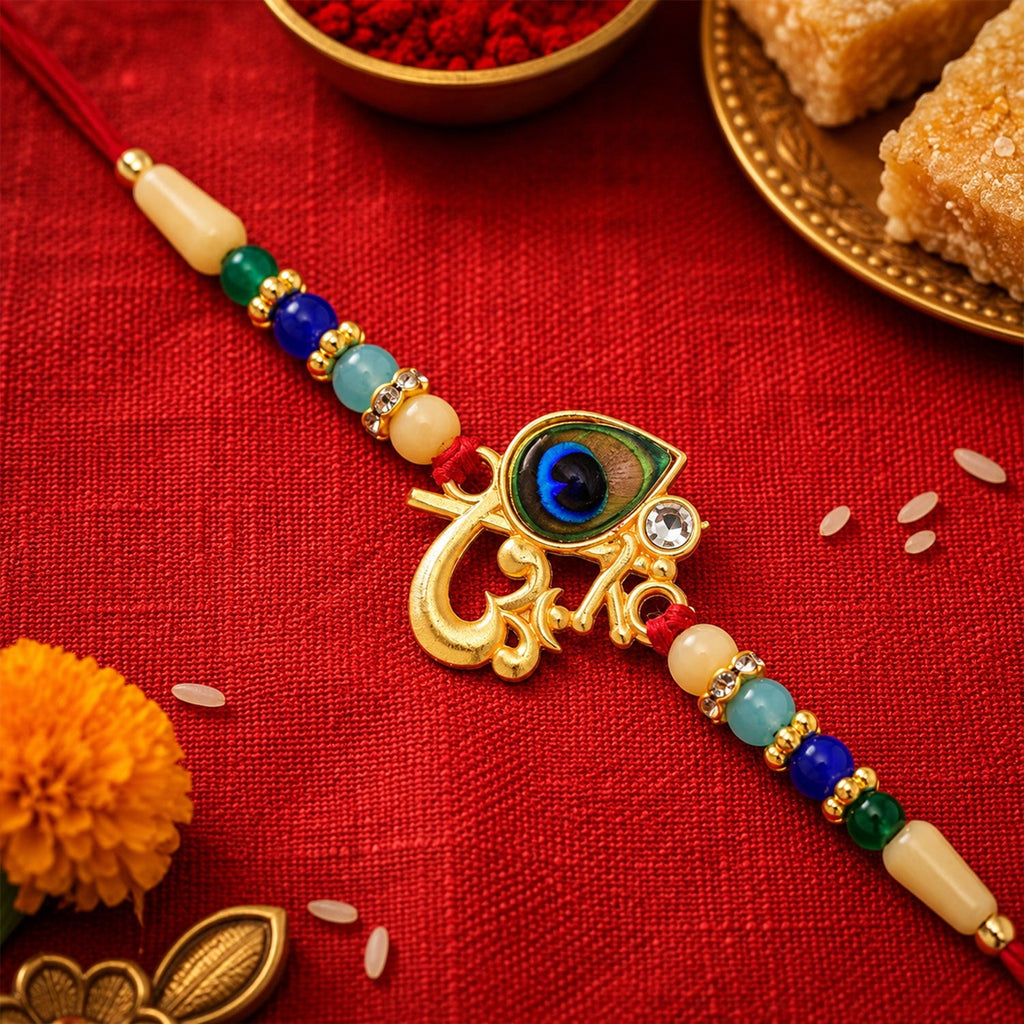 ALVENZA Peacock Rakhi – Divine Govind with Multicolor Beads for Raksha Bandhan