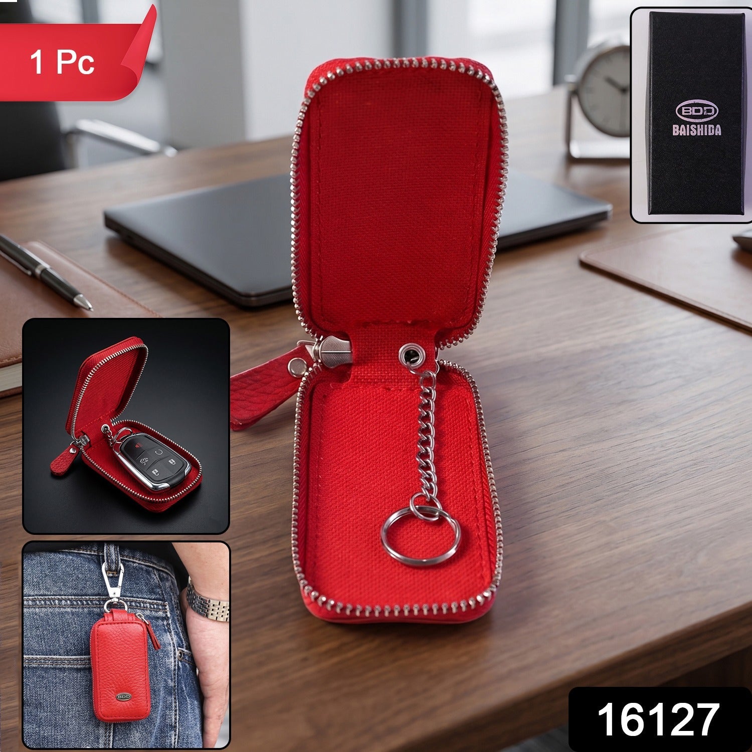 Leather Car Key Case Durable & Compact with Snap Hook for Easy Carrying - Side View