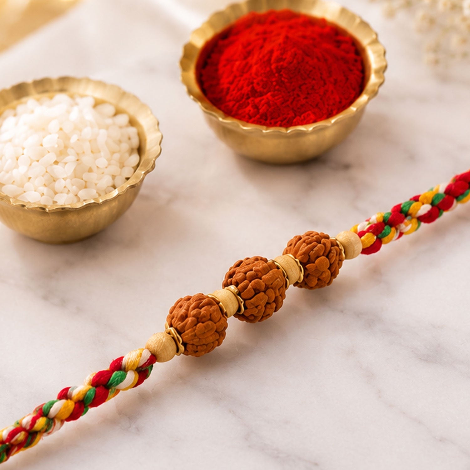 ALVENZA Rudraksha Style Devotional Rakhi with Braided Red Green Yellow Thread and Wooden Beads