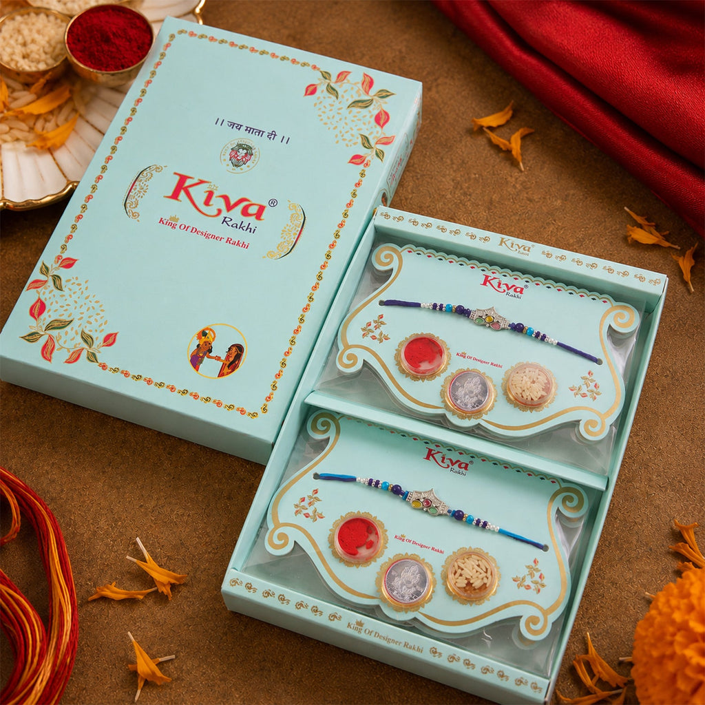 ALVENZA Silver Crown Temple Rakhi with Multicolor Stones, Roli Chawal Coin and Card Gift Packing