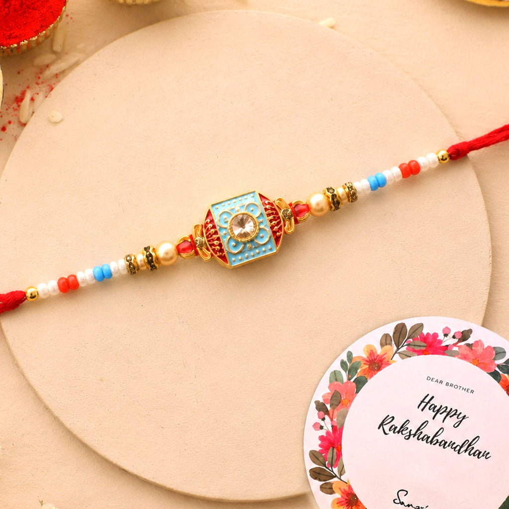 ALVENZA Sky Blue-Red Meenakari Designer Bhaiya Rakhi for Brother with Beads Gift