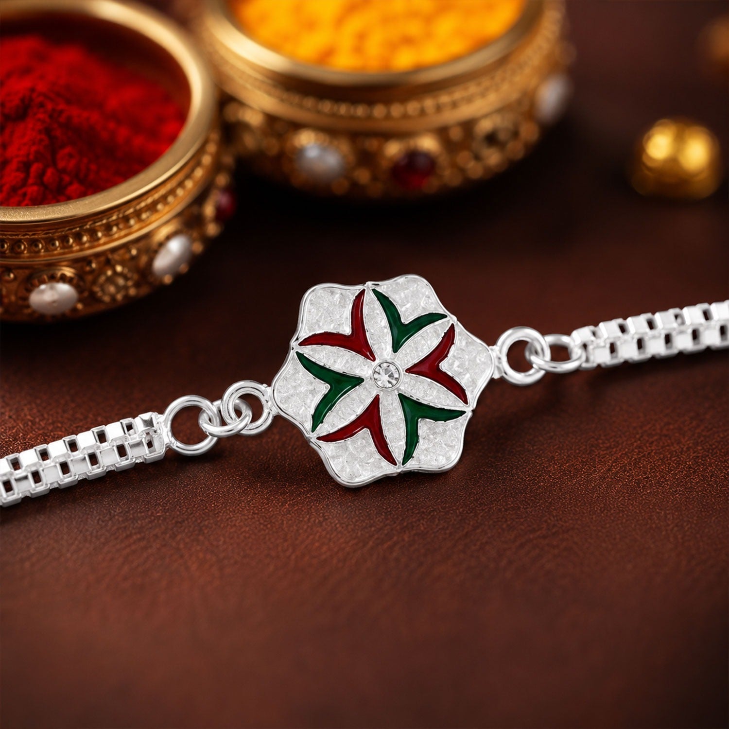 ALVENZA Silver Chain Rakhi - Elegant Flower Design for Brother