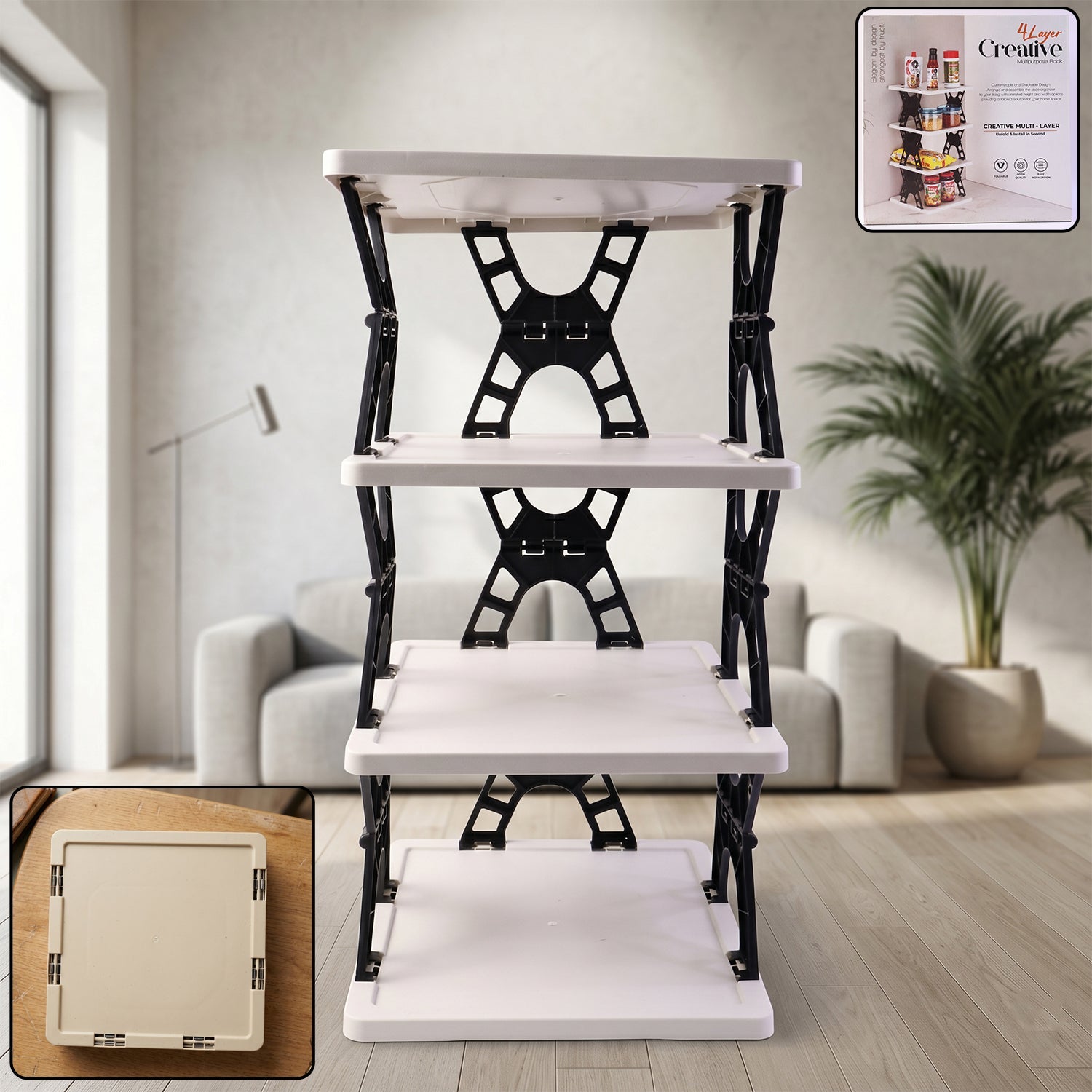 Multipurpose Foldable 4 Layer Storage Rack Space Saving Organizer - Side View