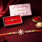 ALVENZA Rose Gold Sunburst Crystal Rakhi with Baguette AD Stones and Rainbow Pastel Beads