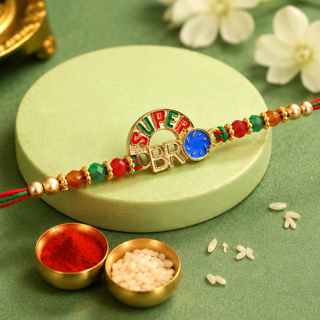 ALVENZA Super Bro Golden Rakhi with Colorful Beads, Blue Charm and Premium Festive Look