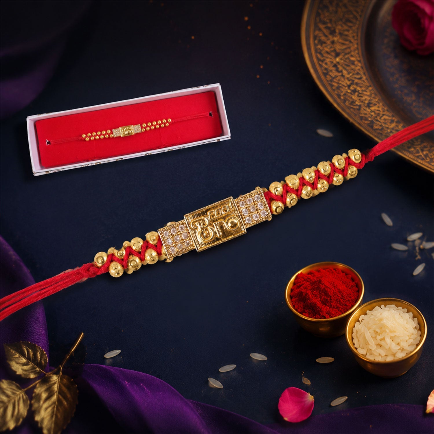 ALVENZA Stylish Brother Nameplate AD Stone Designer Rakhi with Gold Beads Gift
