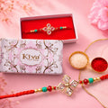 ALVENZA Diamond Crystal Flower Rakhi with Gold Bezels, Turquoise, Red & Golden Beads