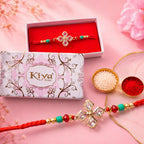 ALVENZA Diamond Crystal Flower Rakhi with Gold Bezels, Turquoise, Red & Golden Beads