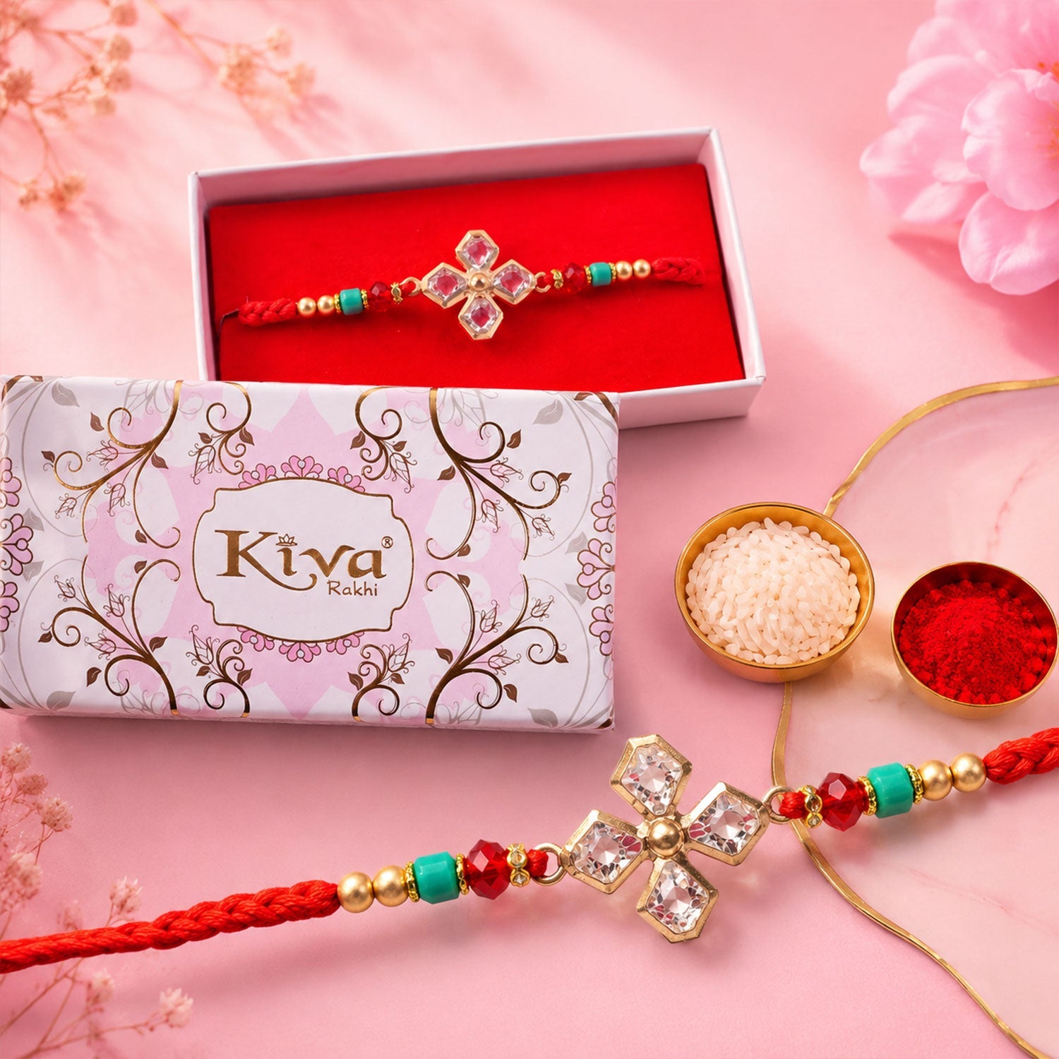 ALVENZA Diamond Crystal Flower Rakhi with Gold Bezels, Turquoise, Red & Golden Beads