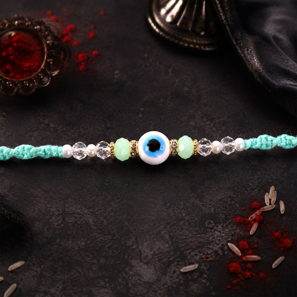 ALVENZA Blue Evil Eye Nazar Charm Rakhi with Turquoise Thread and Bracelet Style Beads