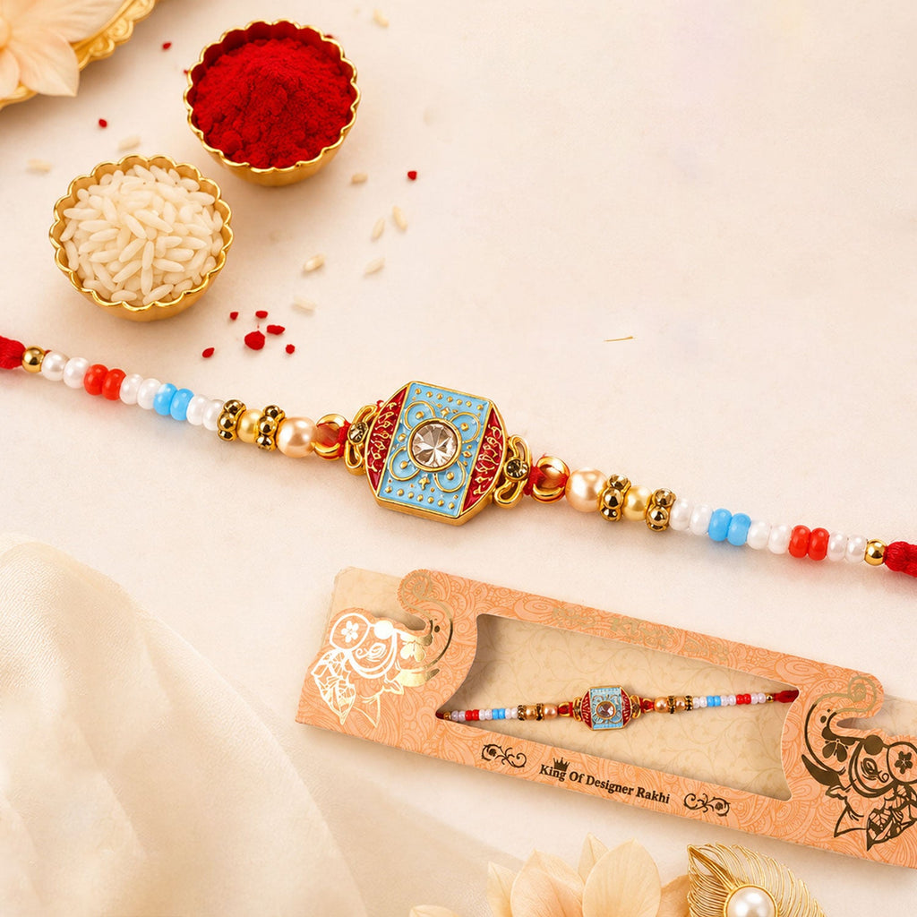 ALVENZA Sky Blue-Red Meenakari Designer Bhaiya Rakhi for Brother with Beads Gift