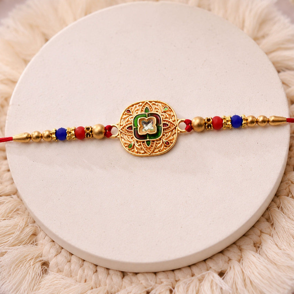 ALVENZA Kundan Rakhi - Traditional Antique Gold Finish with Multicolor Beads