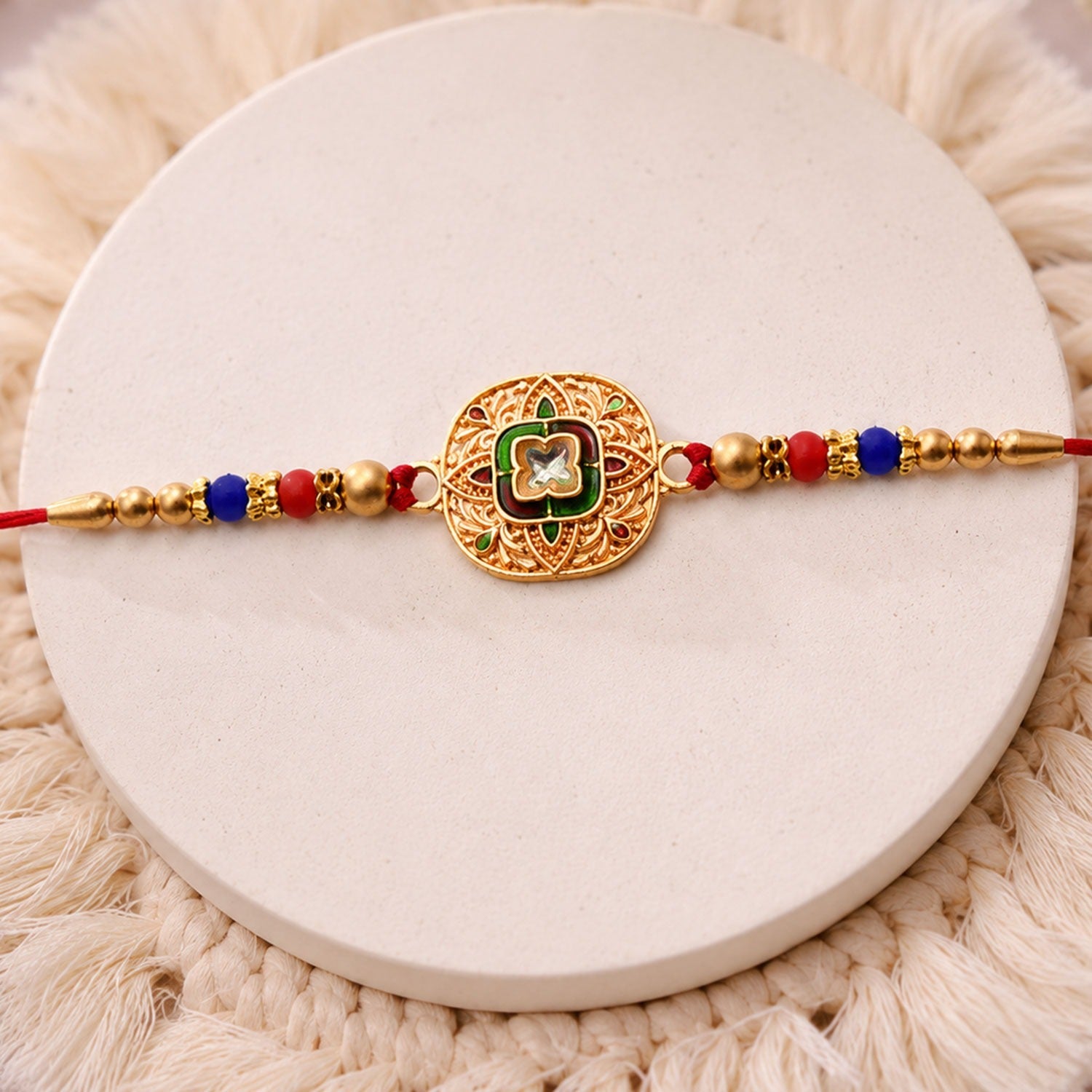 ALVENZA Kundan Rakhi - Traditional Antique Gold Finish with Multicolor Beads