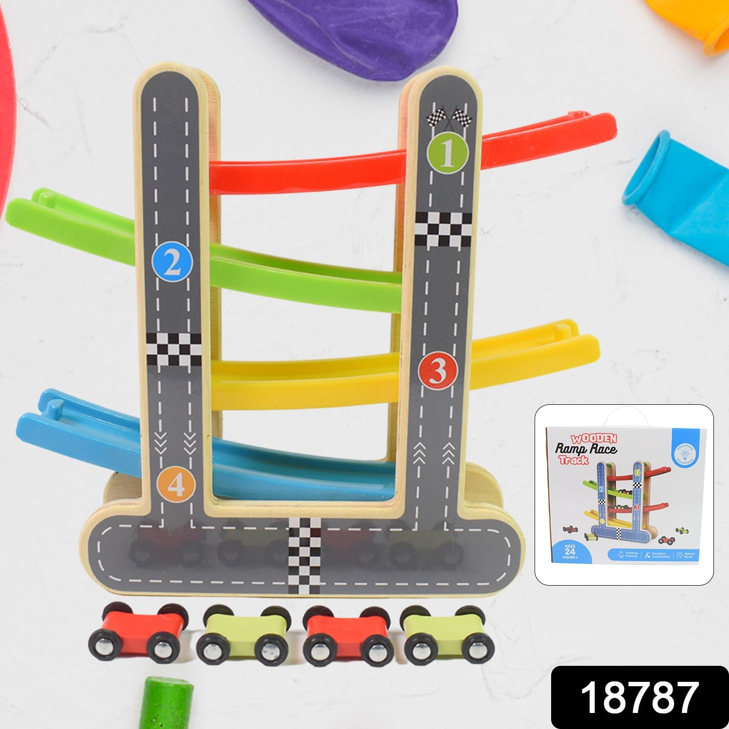 Wooden Race Track 4-Level Car Ramp Set for Toddlers | Action Legion - Side View