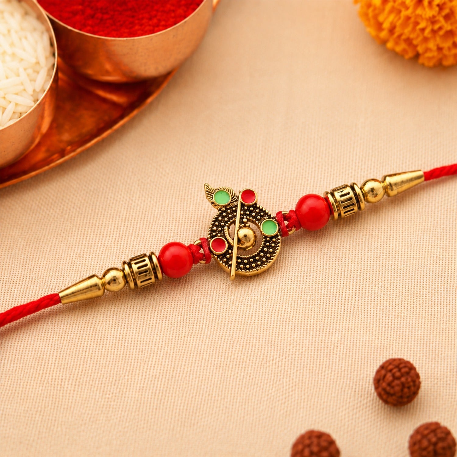 ALVENZA Krishna Rakhi – Red Beaded Auspicious Thread for Brother