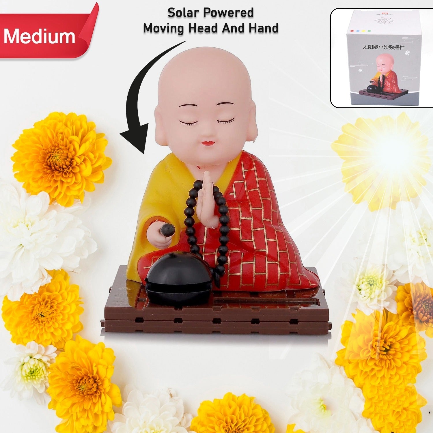 Solar Buddha Statue Moving Head & Hand Decor | XcelCraft - Detail View 6