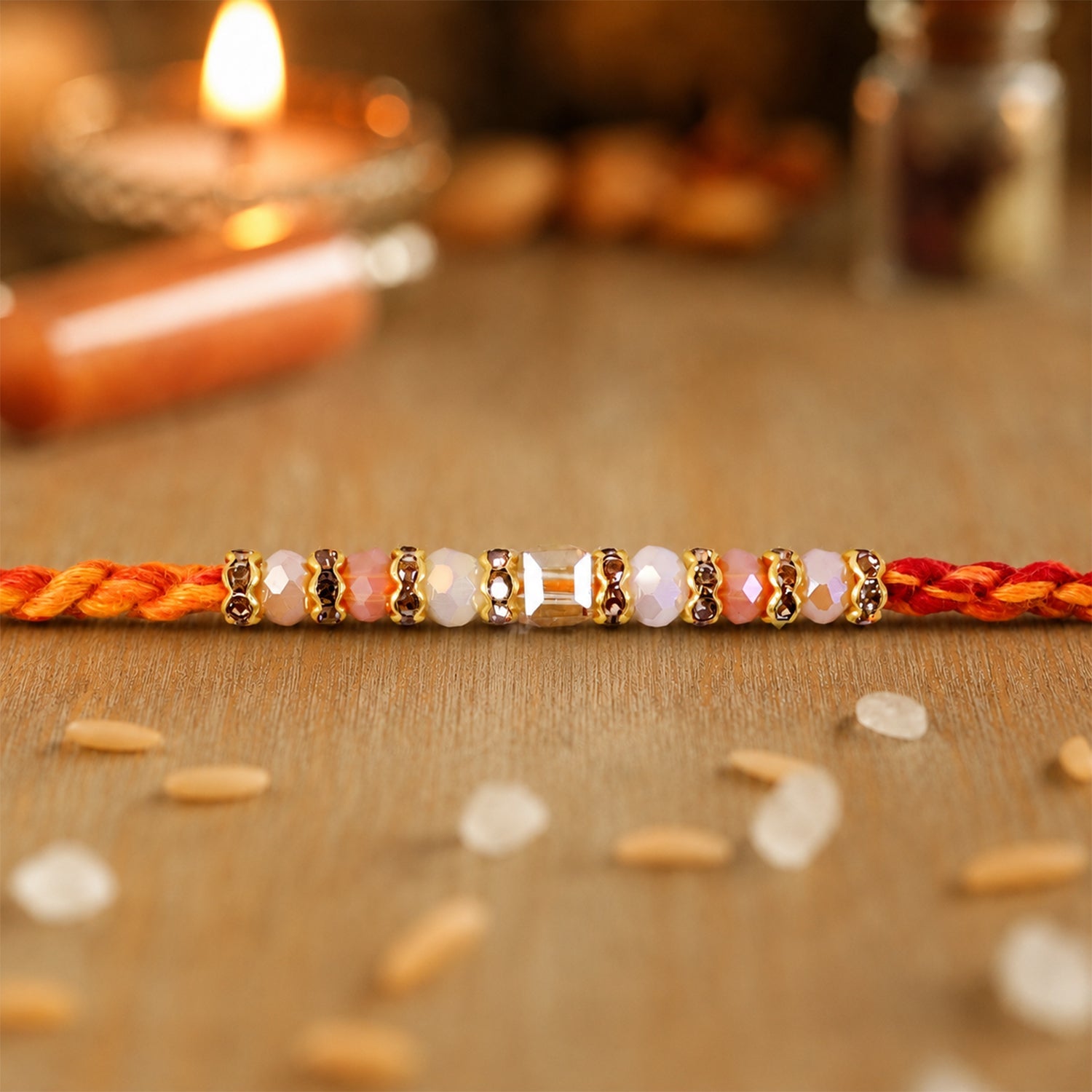 ALVENZA Silver Tone Designer Rakhi with Pastel Beads and Elegant Bracelet Style Finish