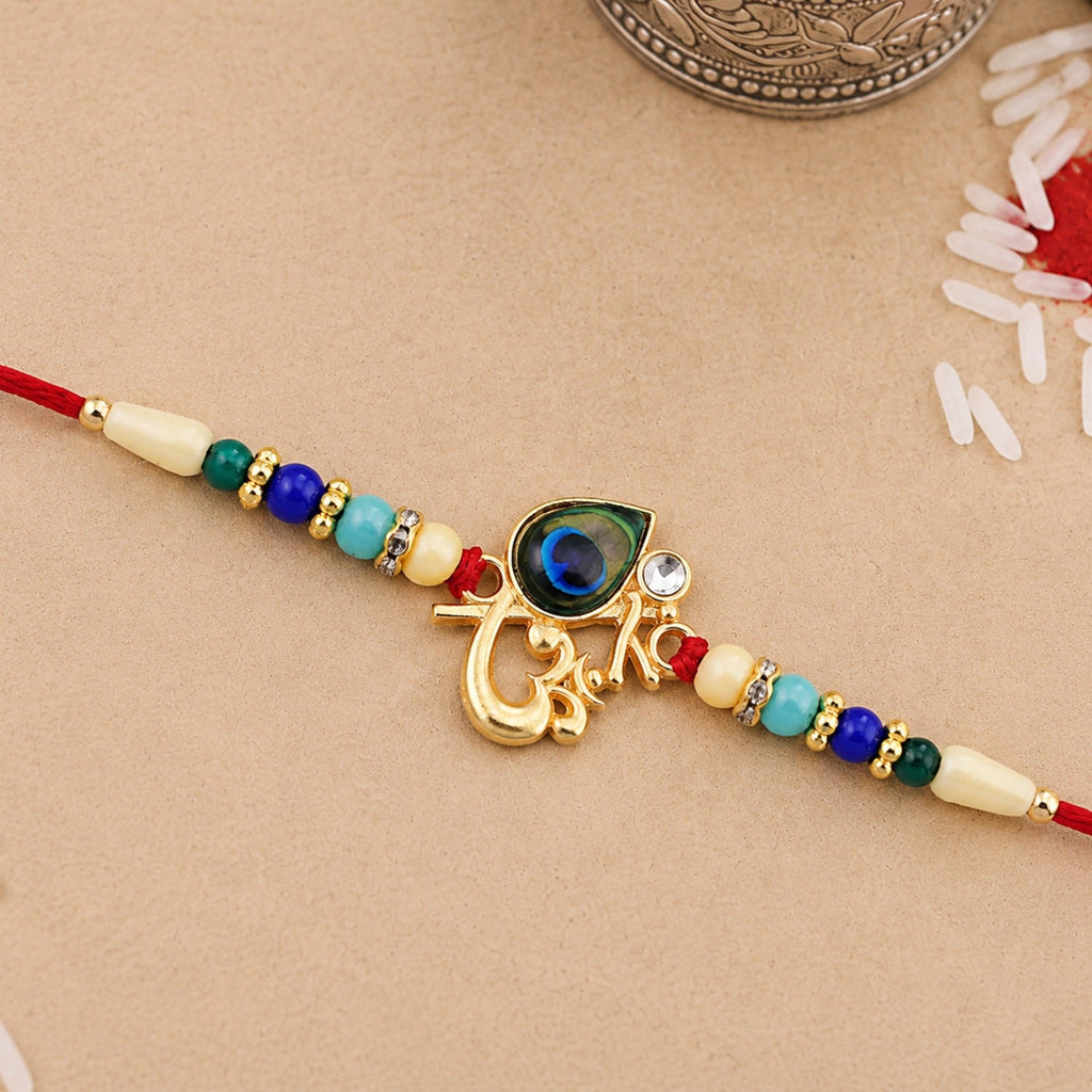 ALVENZA Peacock Feather Rakhi – Divine Multicolor Beads for Brother