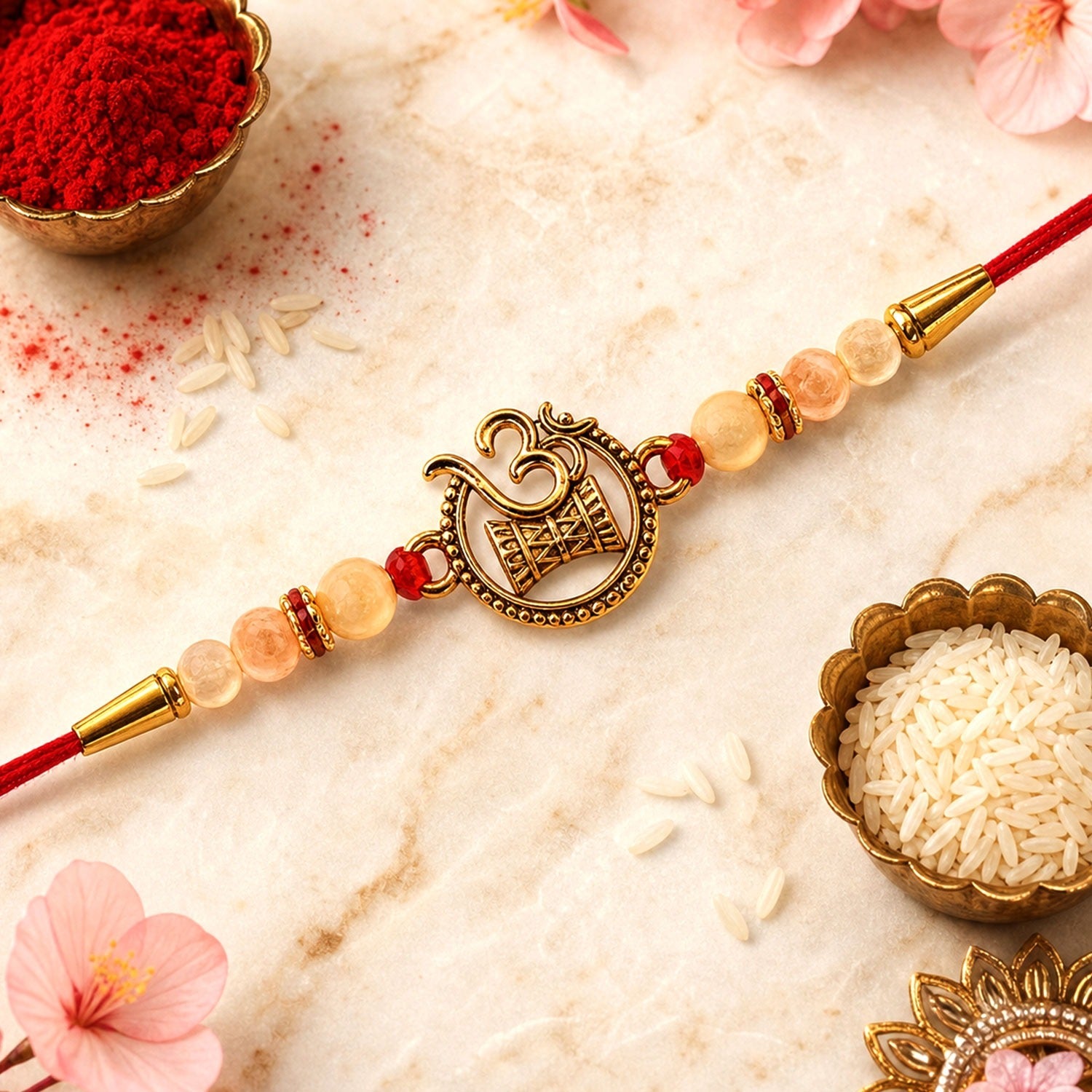 ALVENZA Om Swastik Rakhi - Golden Motif with Pearl Beads for Brother