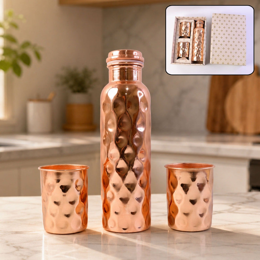 Copper Water Bottle Set Diamond Cut & 2 Glasses - Side View
