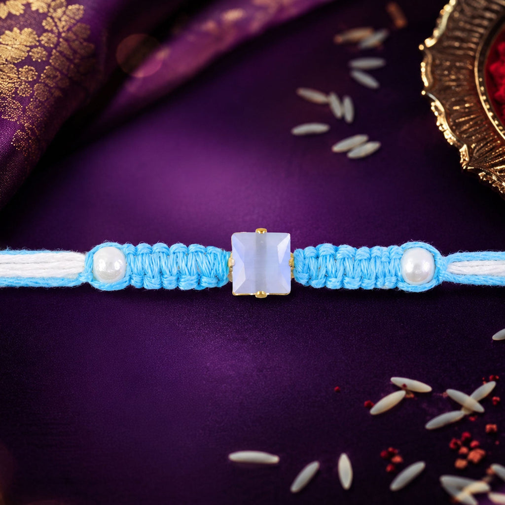 ALVENZA Blue Square Stone Macrame Rakhi with Pearl Beads, Silver Accents and Soft Thread