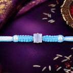 ALVENZA Blue Square Stone Macrame Rakhi with Pearl Beads, Silver Accents and Soft Thread