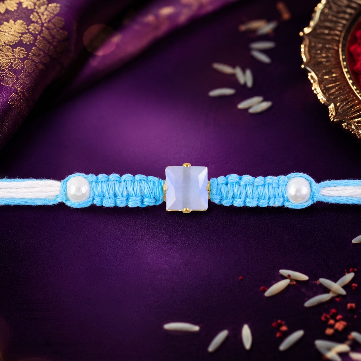 ALVENZA Blue Square Stone Macrame Rakhi with Pearl Beads, Silver Accents and Soft Thread