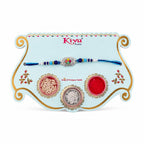 ALVENZA Silver Floral Stone Rakhi with Royal Blue Thread, Roli Chawal Coin and Card Gift Packing