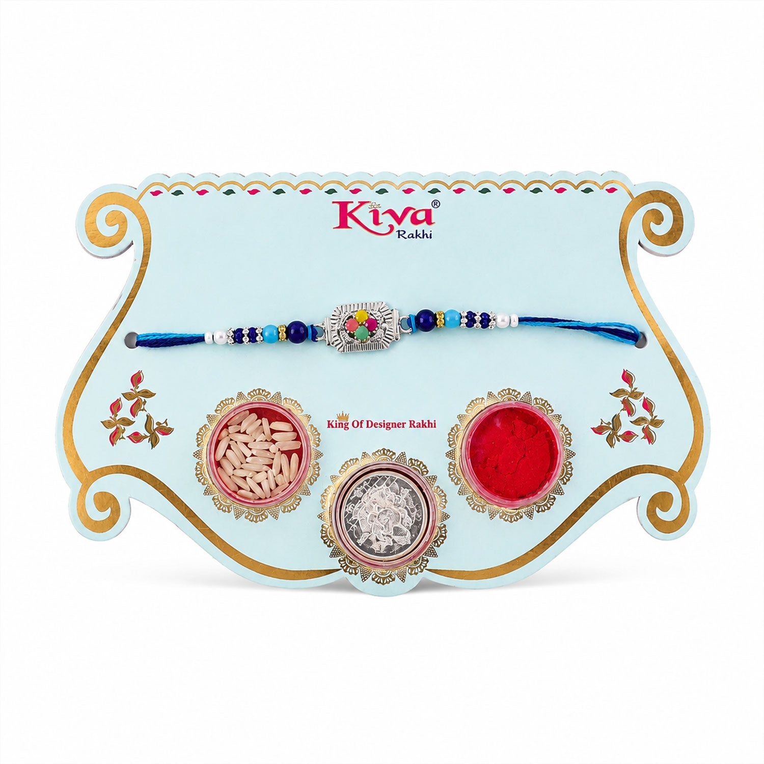 ALVENZA Silver Floral Stone Rakhi with Royal Blue Thread, Roli Chawal Coin and Card Gift Packing