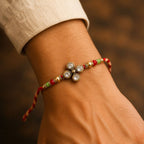 ALVENZA Four Crystal Clover Rakhi with Antique Gold Bezels, Red-Green Crystal & Golden Beads